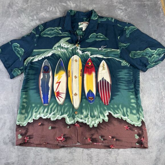 VINTAGE Paradise Found‎ Shirt Mens XL Blue Surf Board Hawaiian Beach Camp Ocean - Picture 1 of 15